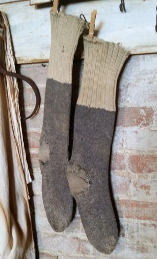 Antique Vintage Mens Primitive Wool Work Socks Blue Creme Patched Darned Decor photo