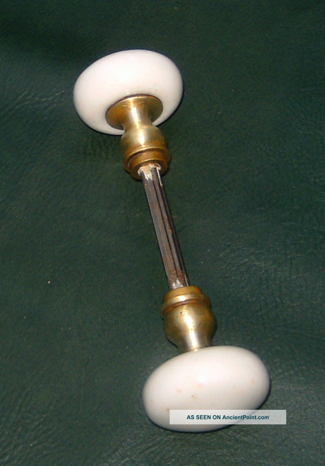 Antique White Porcelain & Brass Base Door Knobs On Spindle Full Size