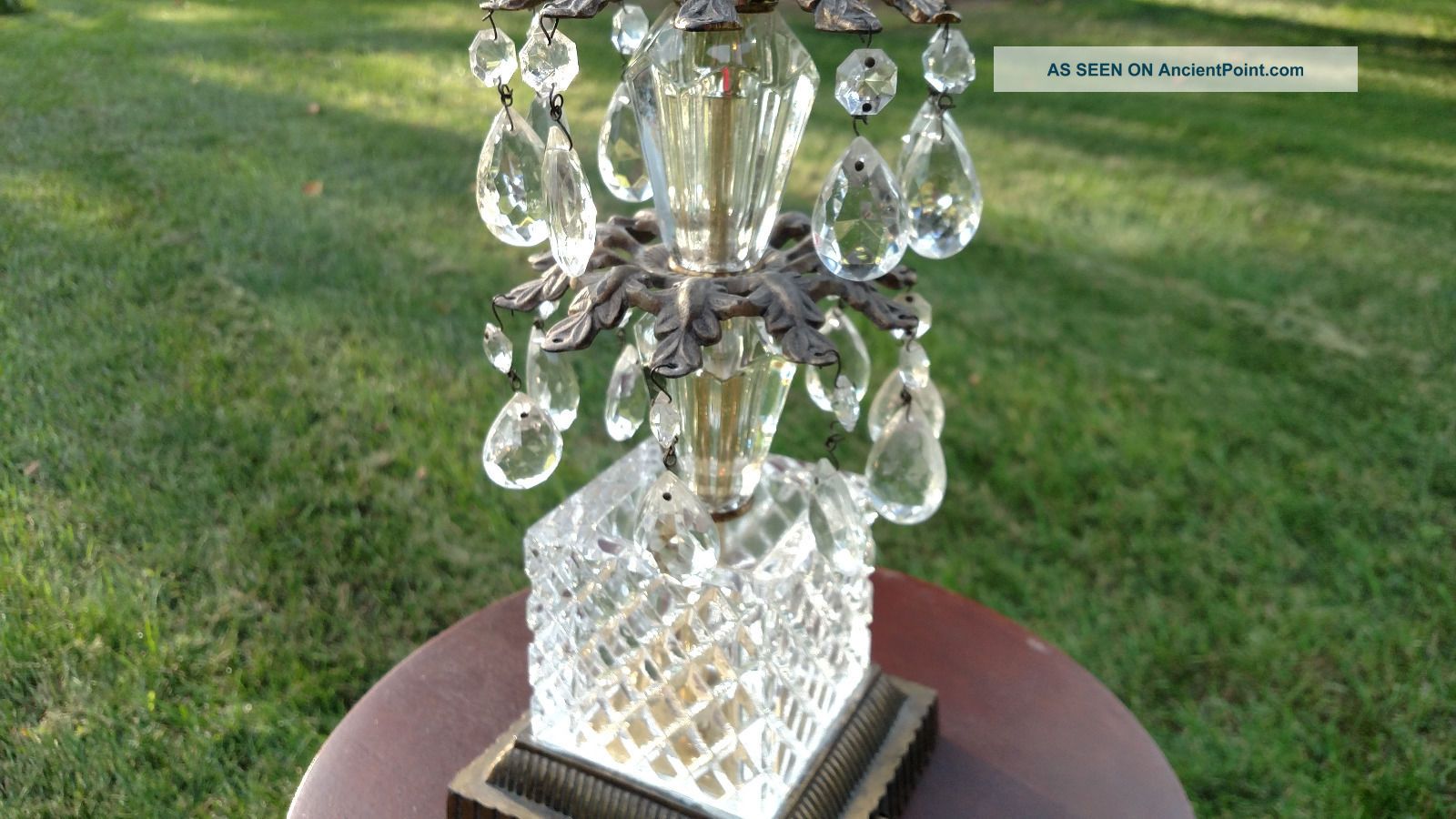 Antique Etched Brass Beveled Lead Crystal Chandelier Tear Drops Prism Table Lamp Lamps photo