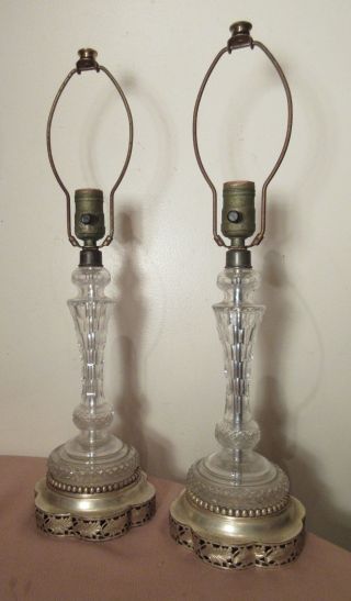 Pair 2 Antique Cut Clear Crystal Ornate Silver - Plate Base Electric Table Lamps photo
