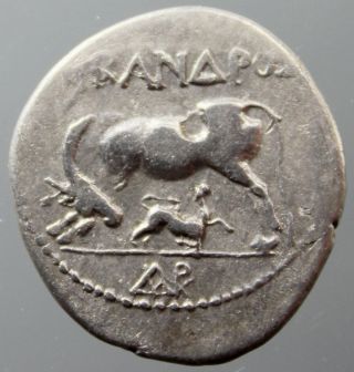 Apollonia,  Illyria,  Cow Suckling Calf,  NikanΔpoΣ,  Silver Drachm,  Greek 200 - 80 Bc photo