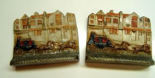 Antique Cast Metal Bookends - Horse Drawn Carriage W/row Houses photo