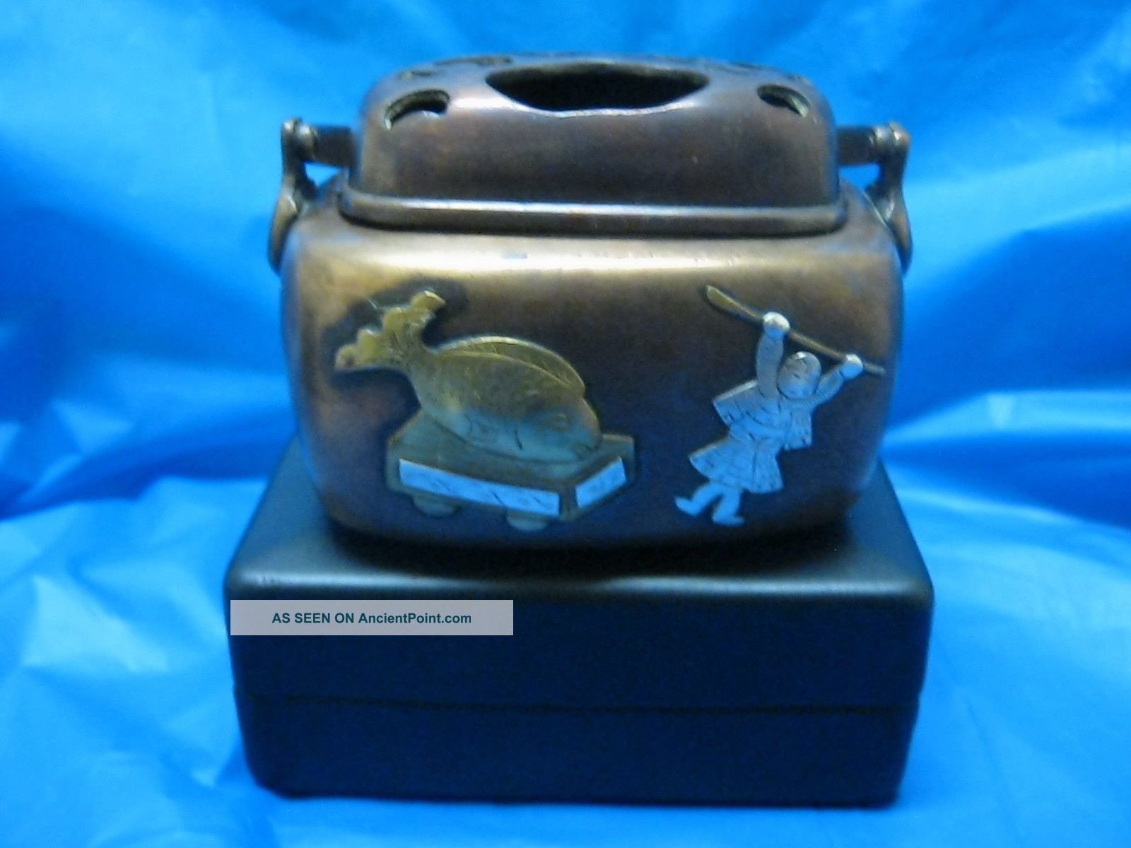 Antique Japanese Meiji Bronze Silver Mixed Metal Incense Burner Samurai Koi Mice Other Japanese Antiques photo