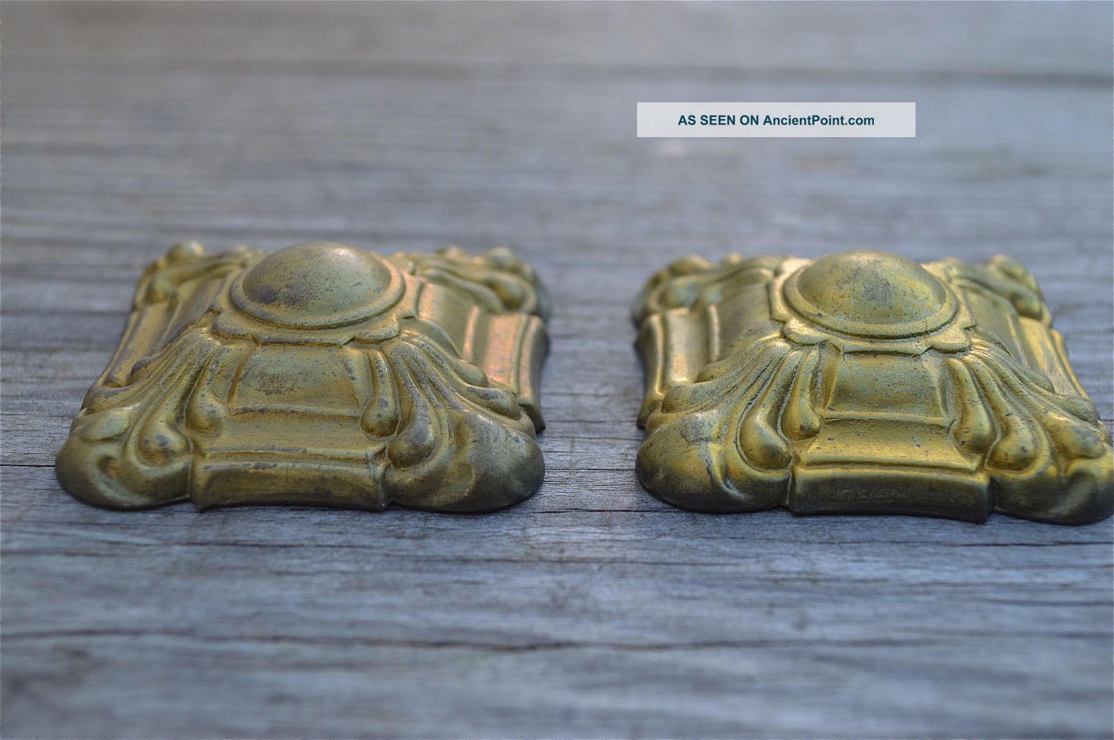 Pair Antique Brass Square Furniture Mounts Mirror Cartouche Mount M17 Other Antique Hardware photo