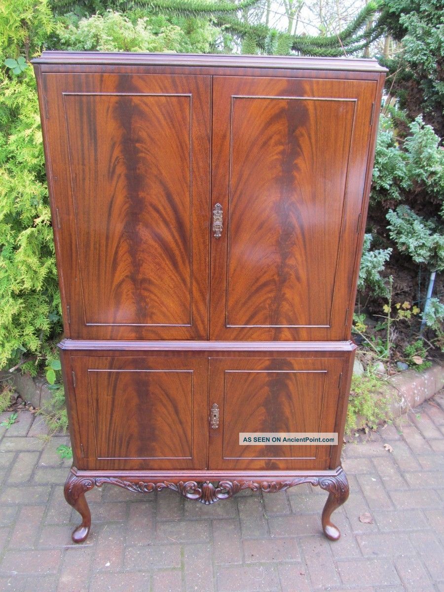 Art Deco Queen Anne Style Flame Mahogany Cocktail Cabinet Liquor Bar 1930s 1900-1950 photo