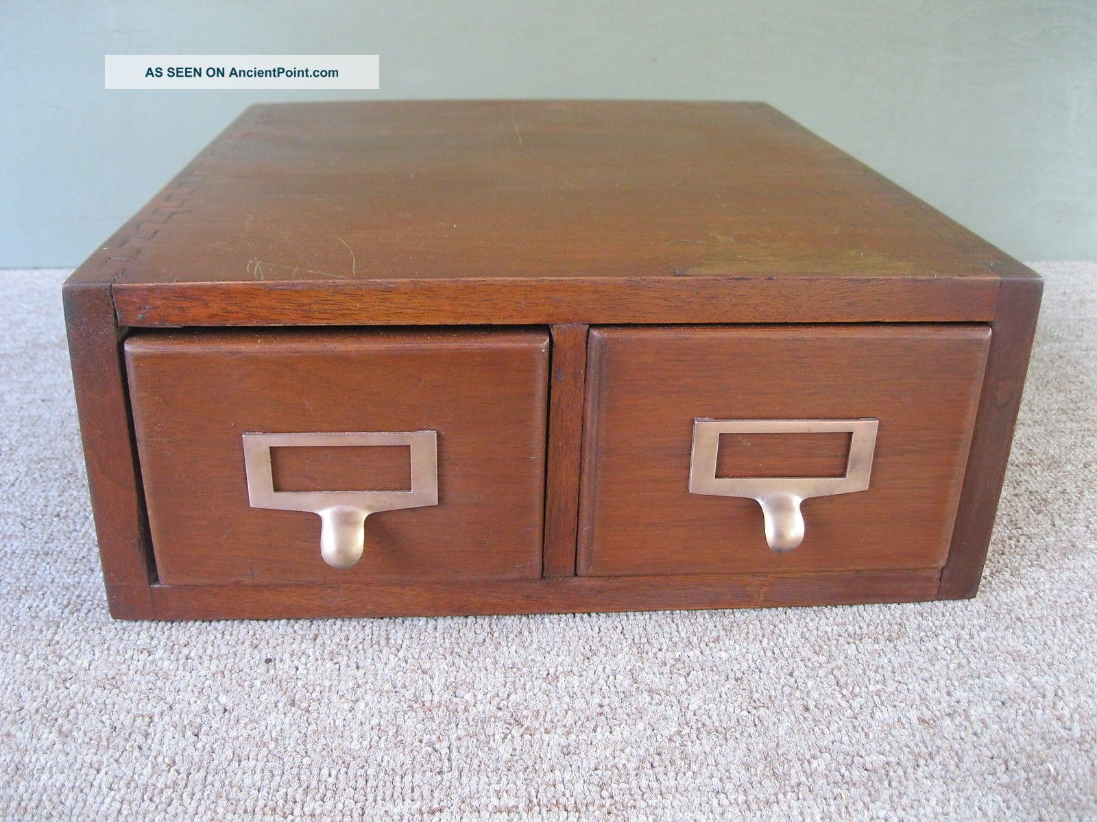Antique File Cabinet 2 Drawer Dovetailed Wood Walnut Veneer Brass Pulls 1900-1950 photo