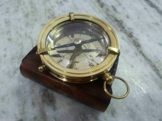 Nautical Brass Compass With Leather Carry Box Vintage Gift photo