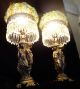 2 Antique Nouveau Stl Gilt Spelter Lady 3graces Lamp Beaded Glass Shade Vintage Chandeliers, Fixtures, Sconces photo 2