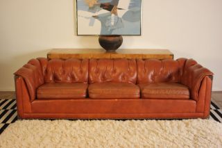 Majestic Schafer Bros.  Mid Century Tufted Campaign Style Leather Sofa photo