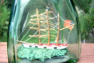 C.  1950 ' S Ship In Bottle Folk Art,  Interesting Light - Green Vertical Glass Bottle photo