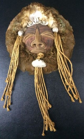 Vintage African Decor Hanging Mask Shells Feathers Wood Woven Rope Carved photo