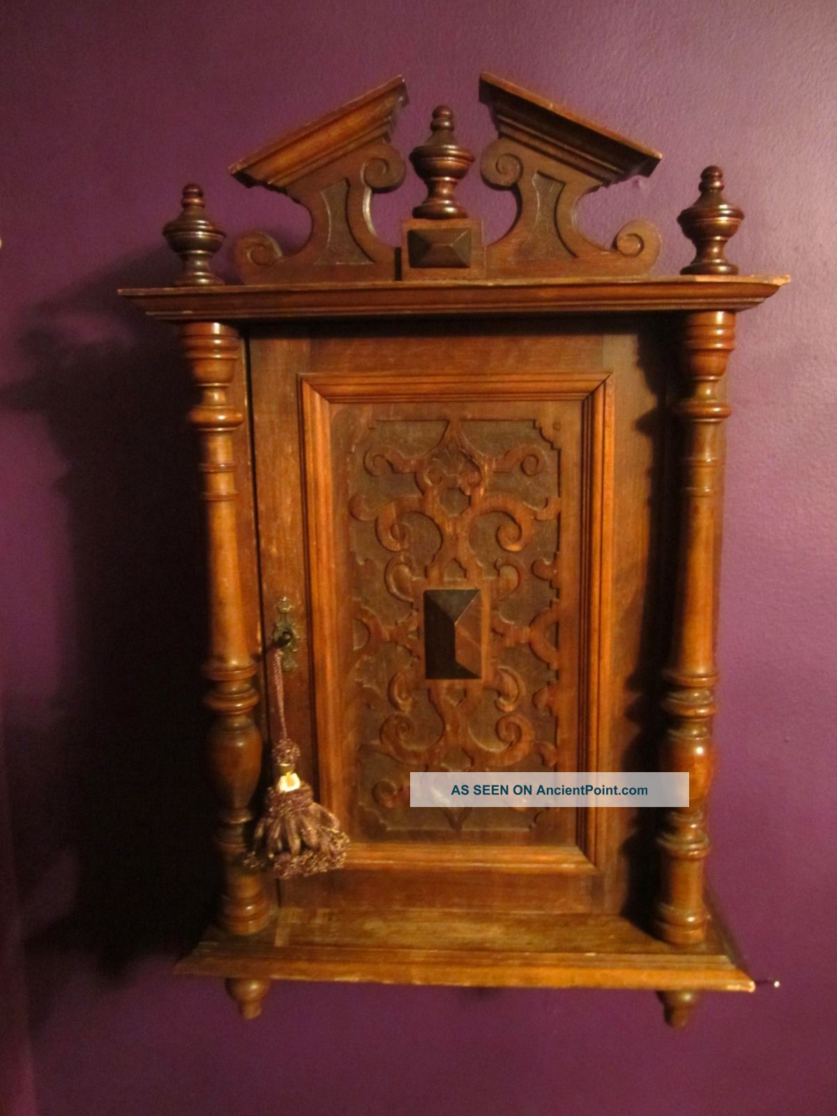Antique Victorian Wood Carved Wall Cabinet W Shelves Key & Tassel Gothic Church Post-1950 photo