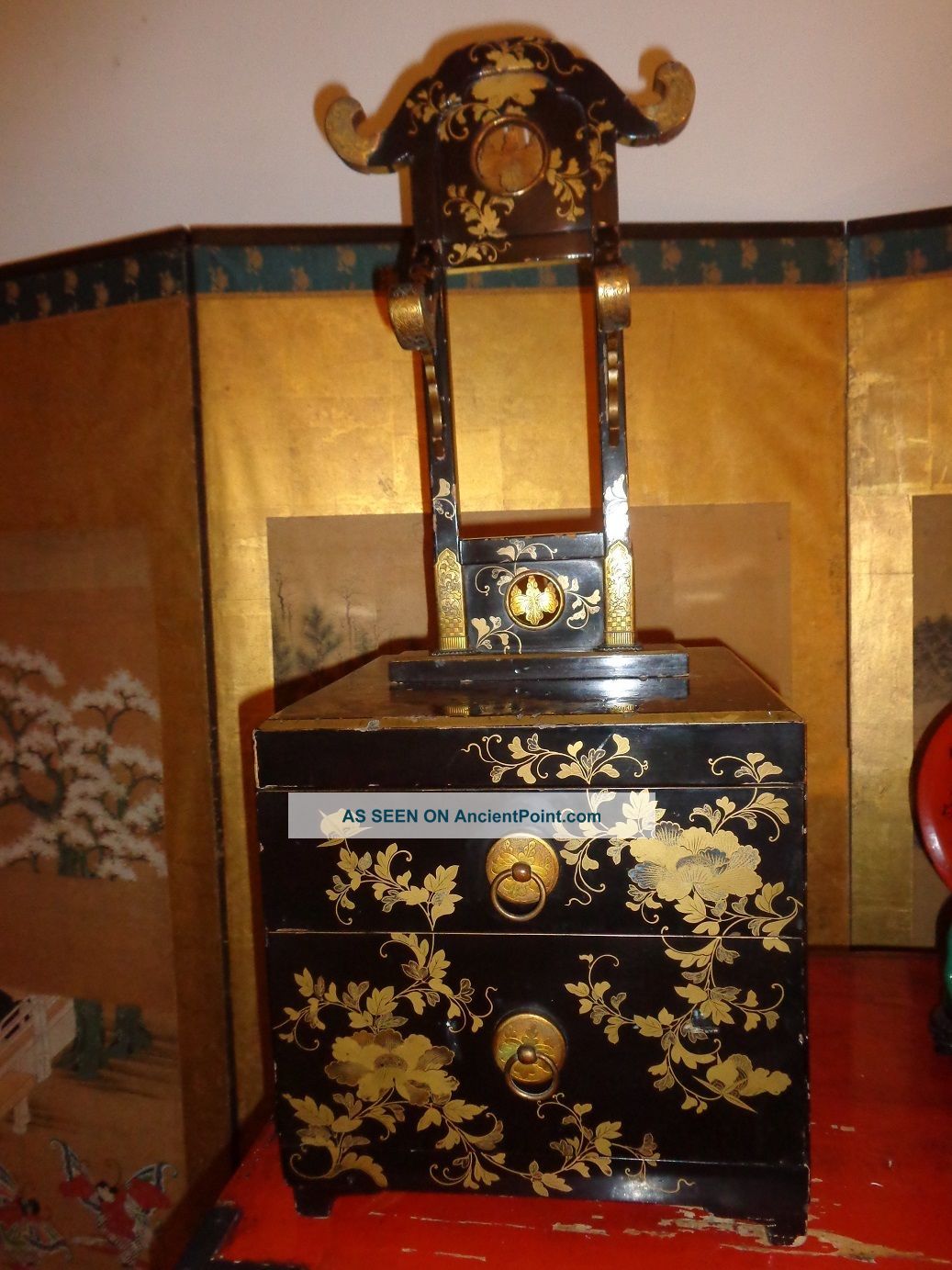Japanese Lacquer Makie Mirror Stand Kyodai Edo/meiji Era Tansu Chest Other Japanese Antiques photo