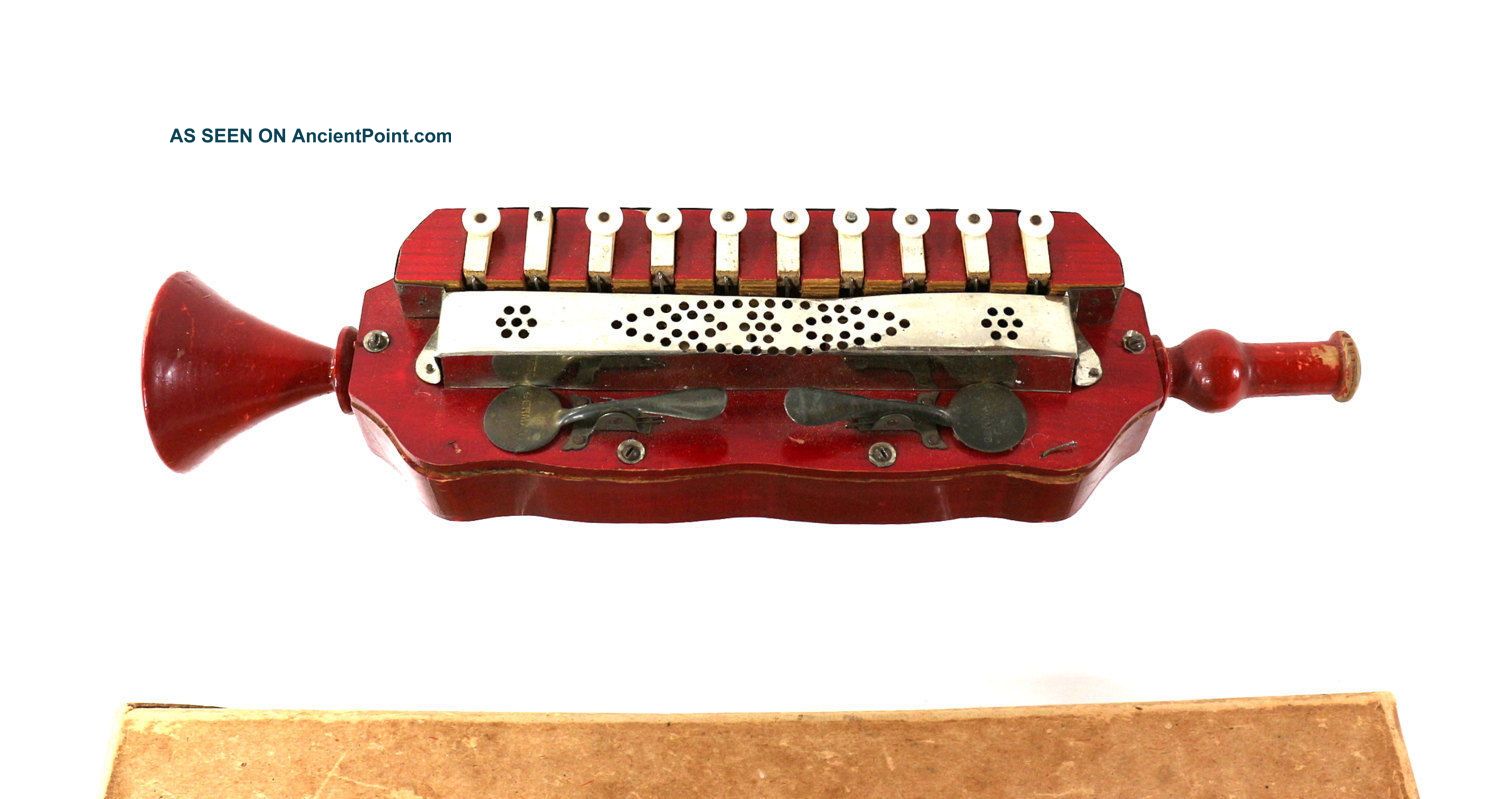 1890s Blow Harmonica Germany,  Red Wood Antique Musical Instrument Keyboard photo