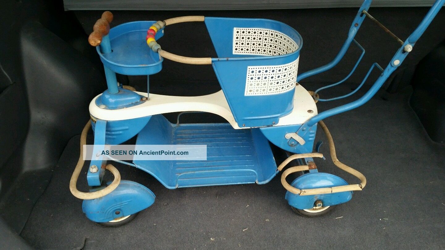 Vintage 1940 - 50s Taylor Tot Baby Walker/stroller W/fenders Blue & White Baby Carriages & Buggies photo
