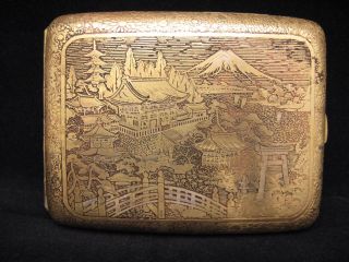 Japanese 1920 ' S Etched Damascene Mixed Metal Cigarette Case Dragons & Pagodas photo
