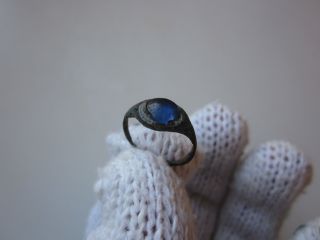 Roman Empire Ancient Roman Bronze Ring With Blue Stone 1 - 2ad photo