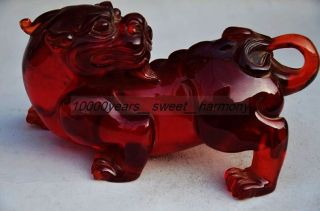 Collectible Chinese Amber Carving Auspicious Unicorn Statue photo