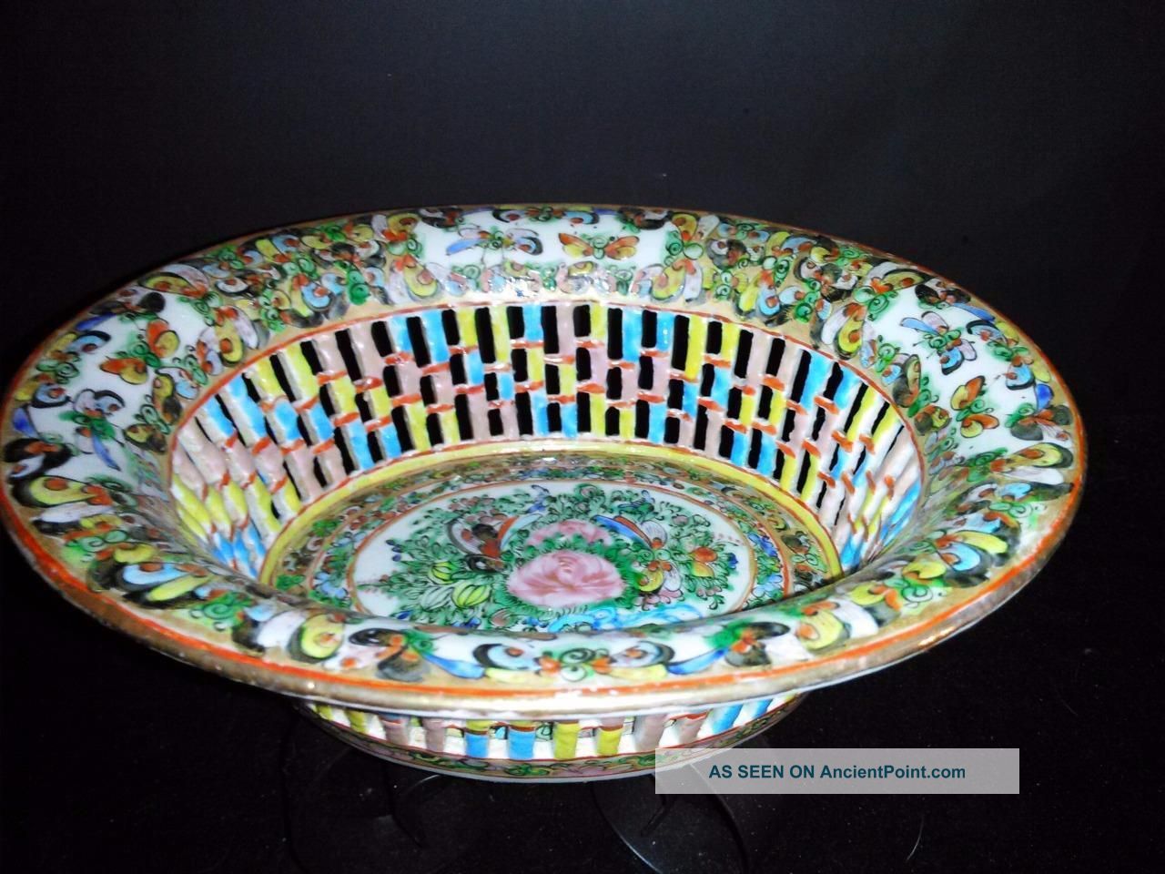 Antique Chinese Export Porcelain Rose Famille? Canton? Oval Reticulated Bowl Plates photo