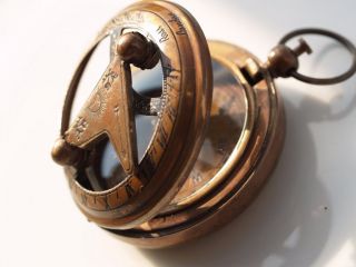 Brass Antique Sundial Compass Vintage Pocket Push Button Sundial Compass Gift photo