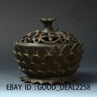 Chinese Bronze Handwork Carved Lotus Incense Burner & Hollow Lid photo