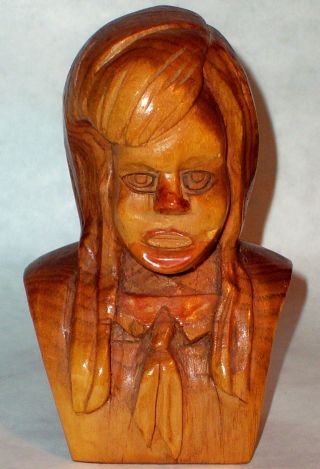 Old Girl Hand Carved Wood Art Sculpture Statue Figurine Vintage Antique Signed photo