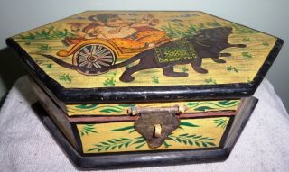 Vintage Ash - Wood Made Hexagonal Box With Lord Ganesha And Mouse Painting Work photo