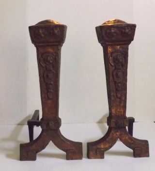 1900 ' S Arts & Crafts Mission Ohio F And M Co.  Hammered Bronze Cast Iron Andirons photo