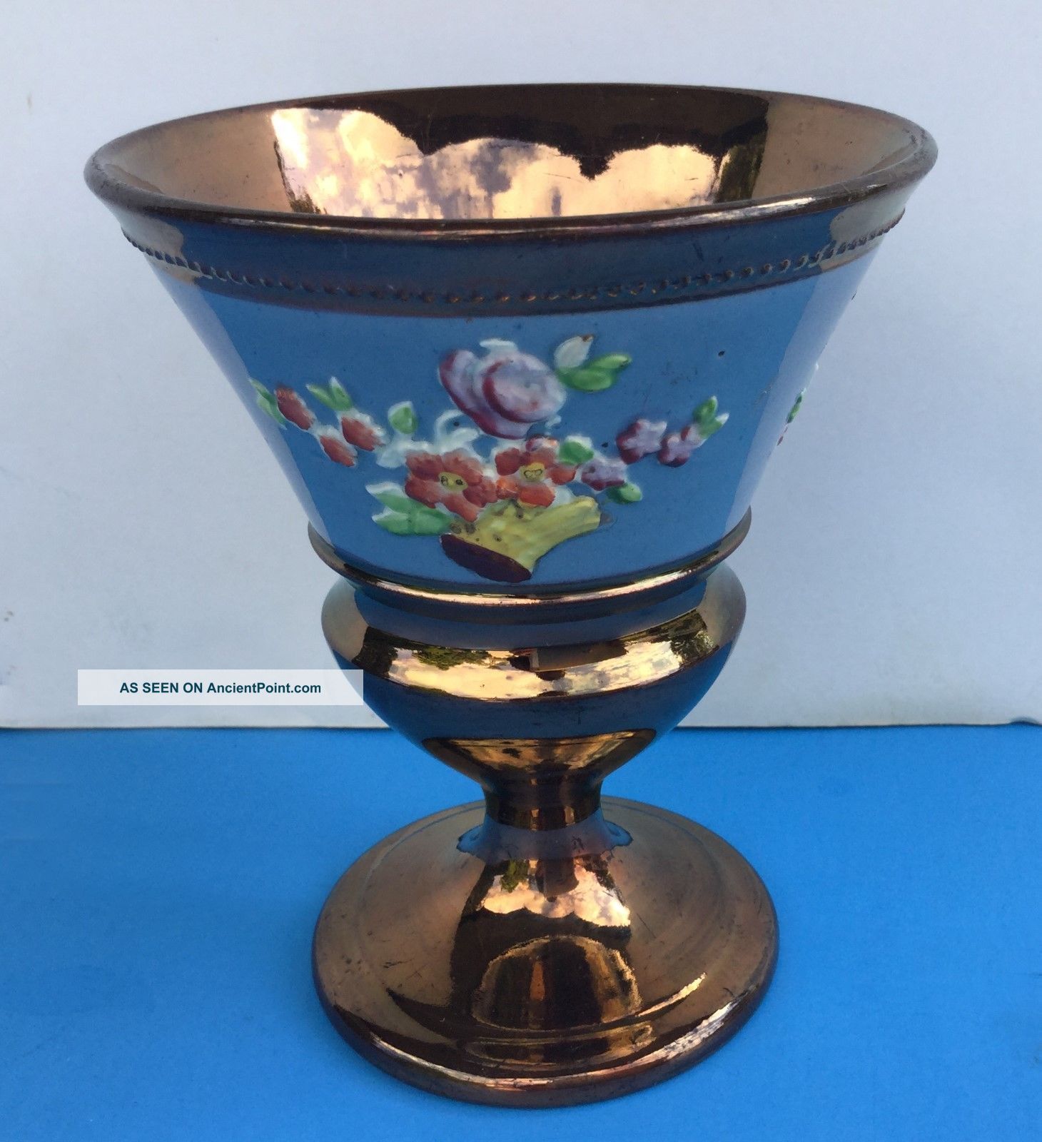 1800s Victorian Copper Lusterware Cup Chalice Hand Painted Raised Flowers Ant. Pitchers photo