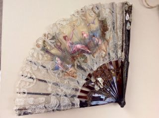 Antique French Painted Fan W/ Nymph & Putti,  Reverse Painted Verso,  By S Drinot photo