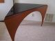 Mid Century Modern Art Deco Wood Arched Corner Triangle Table W/black Glass Top Post-1950 photo 9