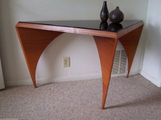 Mid Century Modern Art Deco Wood Arched Corner Triangle Table W/black Glass Top photo