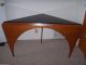 Mid Century Modern Art Deco Wood Arched Corner Triangle Table W/black Glass Top Post-1950 photo 1