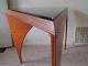Mid Century Modern Art Deco Wood Arched Corner Triangle Table W/black Glass Top Post-1950 photo 6