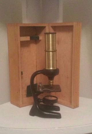 Vintage Brass Microscope With Wooden Box - Made In Germany, photo
