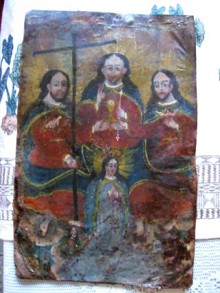 Rare Antique Retablo On Tin Image Of The Holy Trinity,  Virgin Mary And Other photo