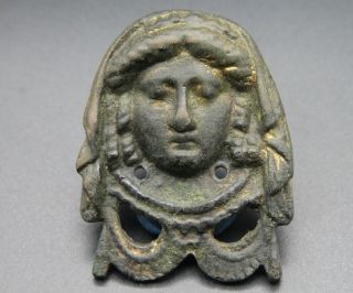 Roman Ancient Bronze / Gilded Mask Applique With Female Face 100 - 300 Ad Vf, photo