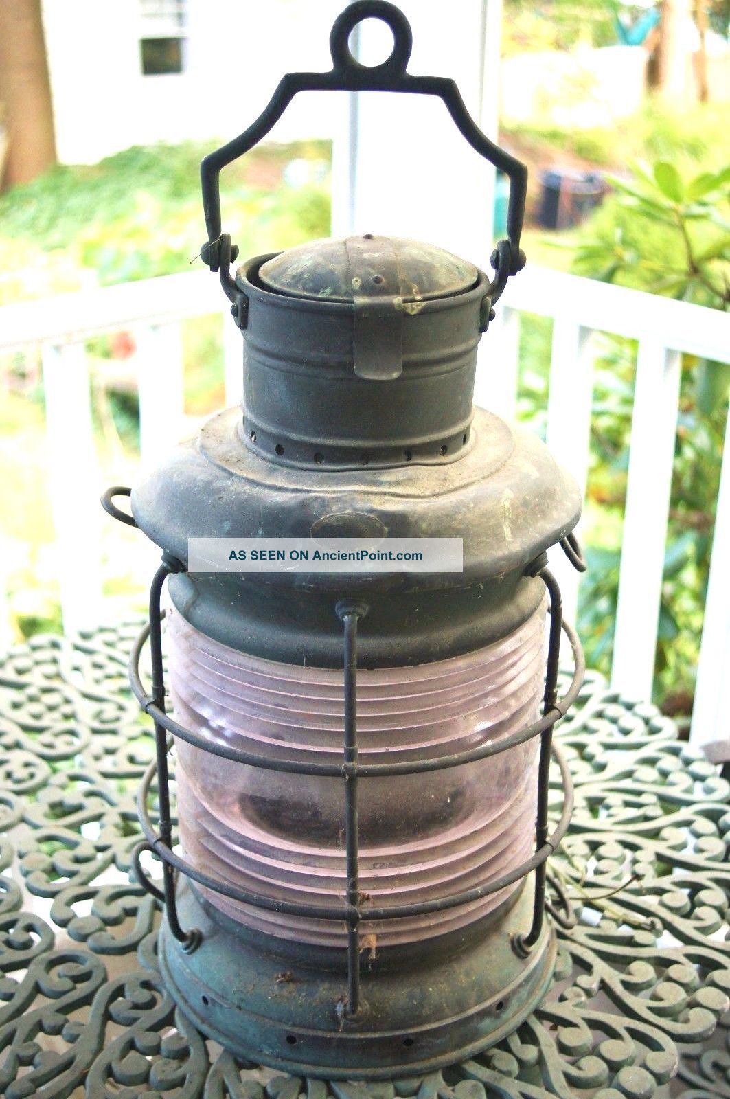 Very Large Antique Perko Marine Lantern Brass Verdigris Finish Great Piece Lamps & Lighting photo