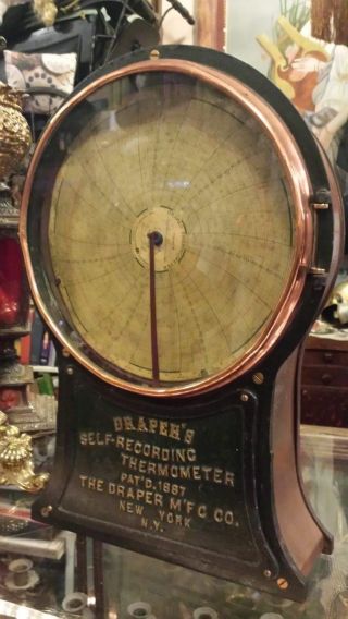 Antique 1887 Drapers Self Recording Thermometer Brass Copper Steampunk Awesome photo