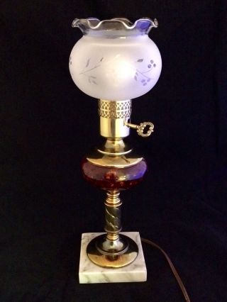Antique Cranberry Ruby Red Glass Converted Oil Lamp Electric Marble Base photo