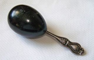 Antique Sterling Silver Handled Black Enameled Vintage Sewing Tool Darning Egg photo