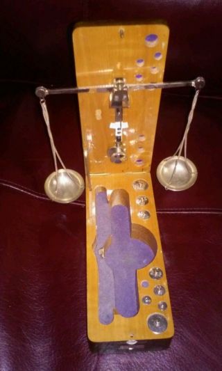 Vintage Gold & Gem Balance Scale,  Compartment W/10 Extra Weights Solid Wood Case photo