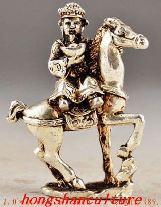 Tibet Silver Chinese Handwork Old Carving God Of Wealth Horse Statue Decor. photo
