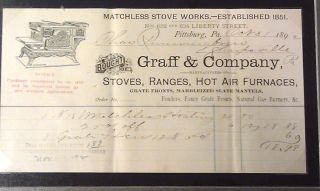 Antique Stove 1892 Framed Ranges Sales Receipt Graff & Company Pittsburgh Pa photo