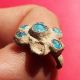 Ancient Medieval Bronze Ring Pirate Times 17th Century Sky Blue Stones Old Charm The Americas photo 2