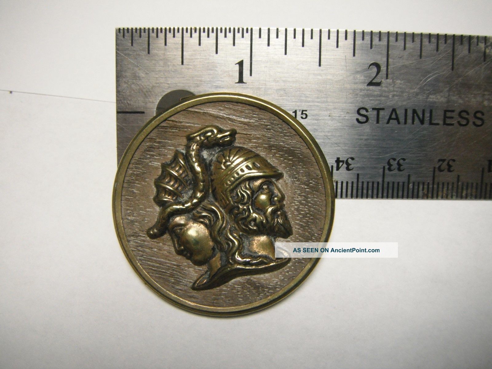 Antique Brass Picture Button - Male & Female Heads With Snake Overlay In Hair Buttons photo