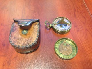 Reproduction T Cook London 1914 Brass Compass And Victorian Era Pocket Sundial photo