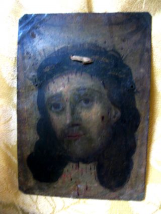 Antique Retablo On Tin Image Of Divine Face Of Jesus W Crown Of Thorns photo