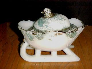 Antique Milk Glass Covered Dish - Chick Hatching From Egg On A Sleigh - photo