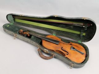 Handsome Attic Find Estate Antique 19c Violin In Fitted Case For Restoration photo